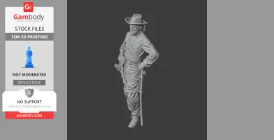 3D model of a Civil War soldier in uniform, with a hat, leaning on a sword, ready for 3D printing.