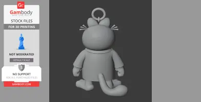 Cartoon cat figure with overcoat and ring loop on head, view from behind, designed for 3D printing.