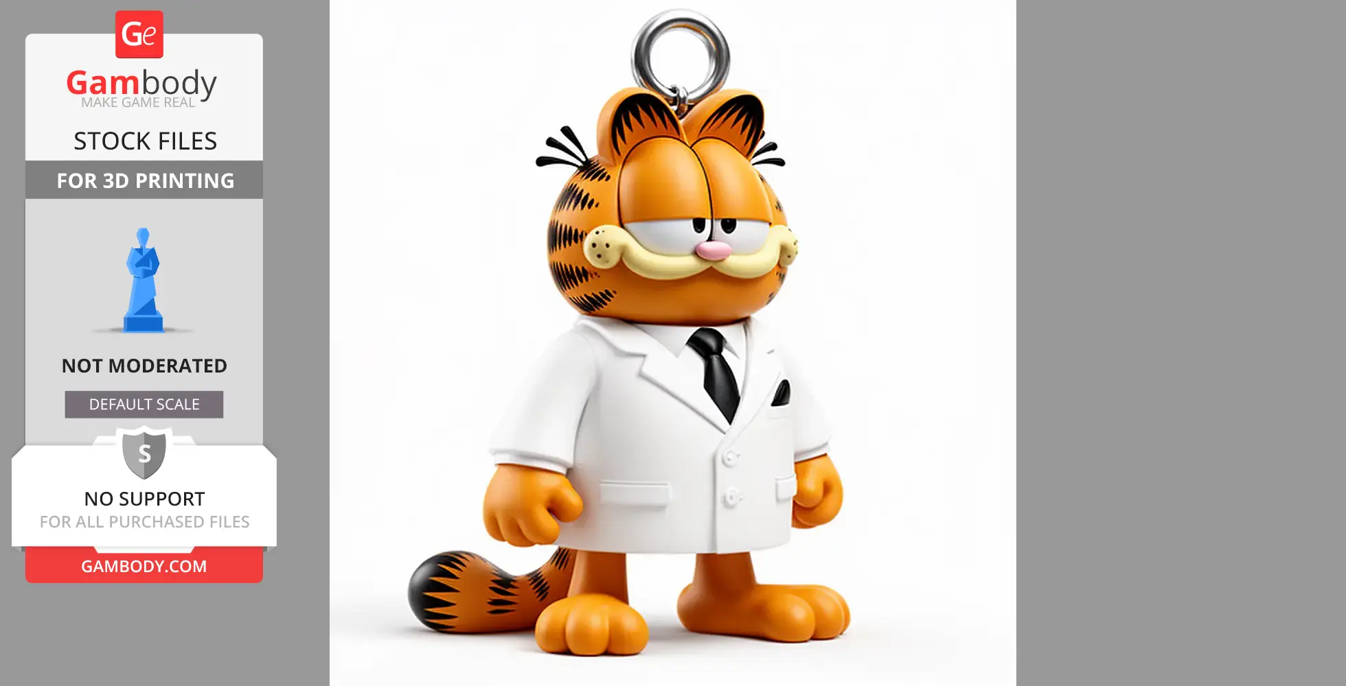A mashup figure of a cartoon cat in a white suit with a keyring attached on top.