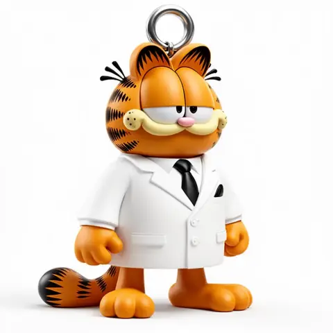 Garfield in a white suit with a black tie, styled like Tony Montana, with a ring on top for hanging.