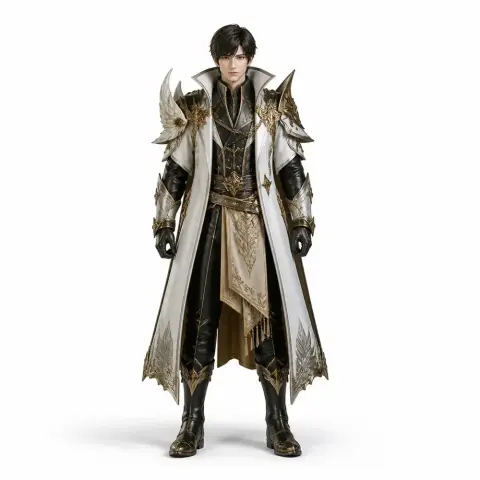 Regal character in ornate armor and long coat, featuring intricate gold detailing, standing confidently.