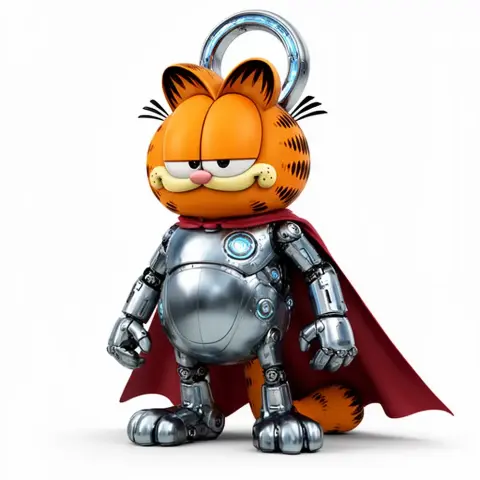 Garfield in metallic superhero armor with a red cape and circular headpiece.