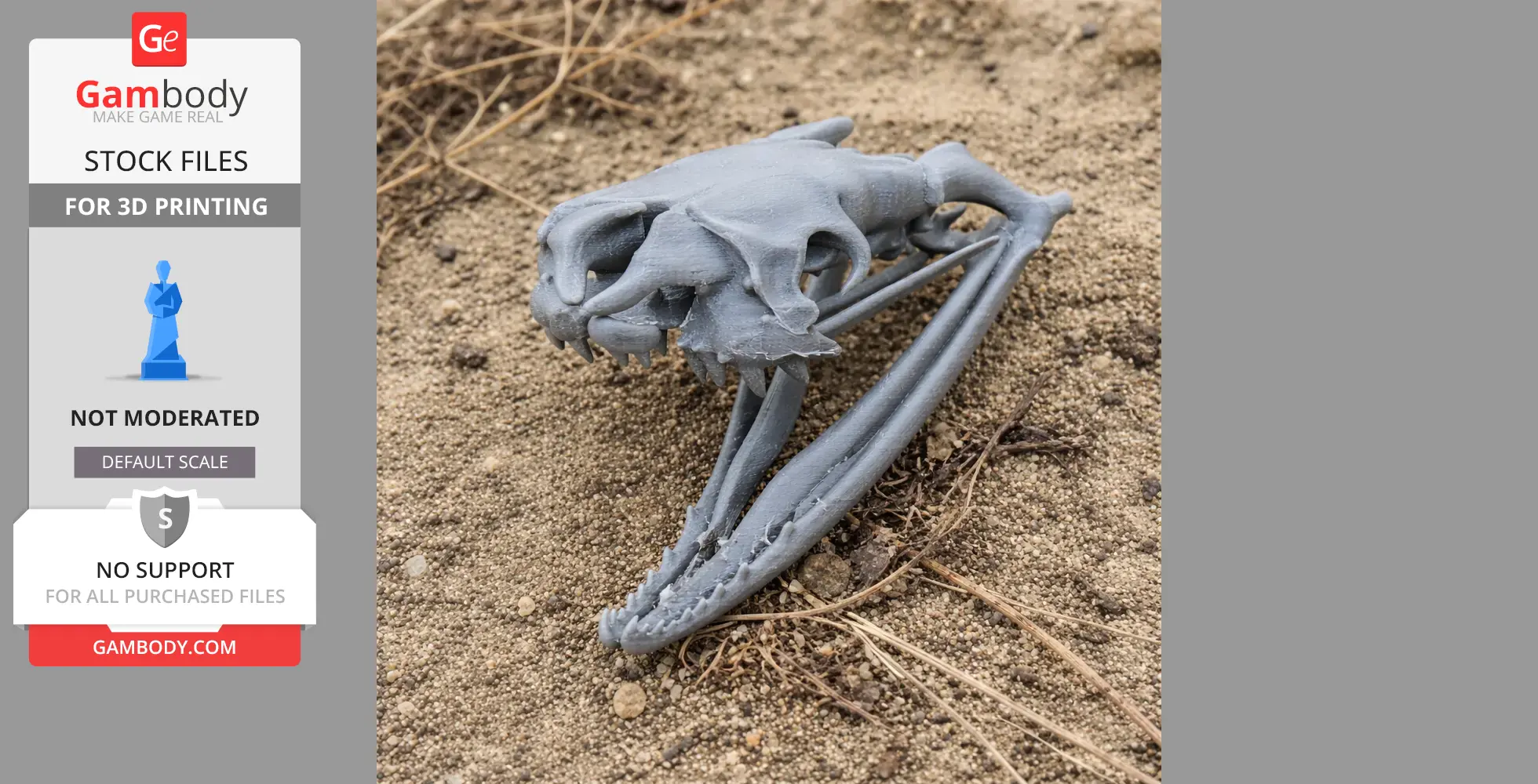 3D-printed Egyptian cobra skull replica resting on sandy ground.