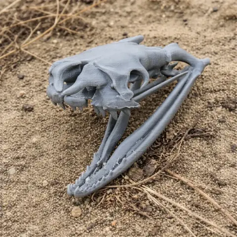 3D-printed Egyptian cobra skull replica with detailed fangs on sandy ground.