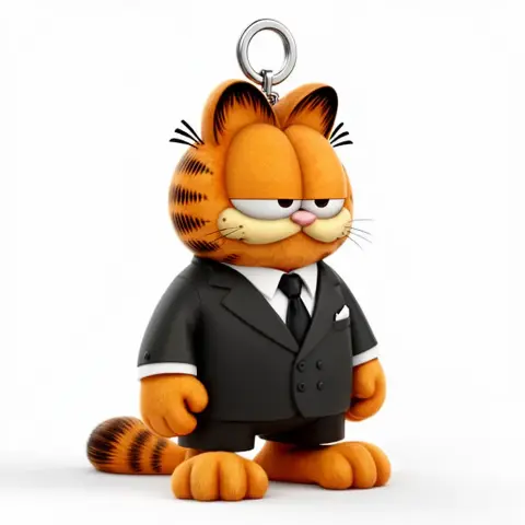 Garfield dressed as a mafia boss in a suit with a keyring on his head.