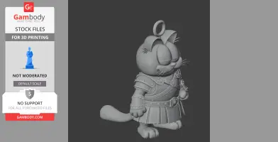 A 3D model of a cartoonish cat in medieval armor with a cylindrical crown and a large ring on its head.