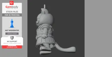 Cartoon cat in medieval armor, helmet, and skirt, seen from the side, for 3D printing.