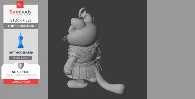 3D model of a cat character in armor, viewed from behind, with a long tail and detailed textures.