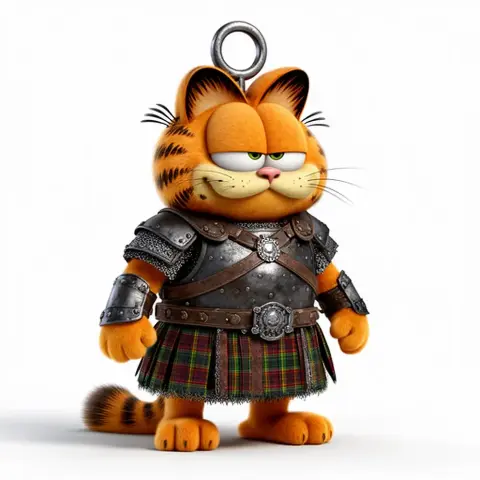 A cartoon cat dressed in medieval armor and a kilt, with a metal ring on its head.