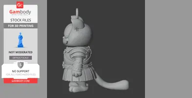 3D model of a character in armor with cat-like features, standing sideways with a raised tail.
