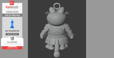 Cartoon cat in armor with a ring on head, seen from behind, designed for 3D printing.