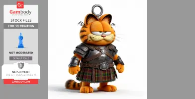 A cartoon cat in medieval armor and a tartan kilt with a loop on its head for a keychain.