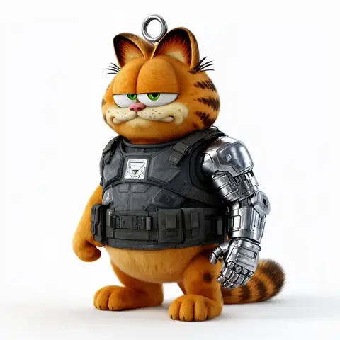 Cat character in tactical gear with a metal arm, resembling a superhero mashup.
