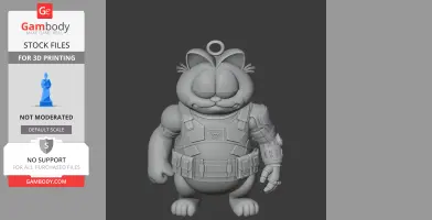 Garfield as a soldier in armor with mechanical arm, keyring loop on head for 3D printing.