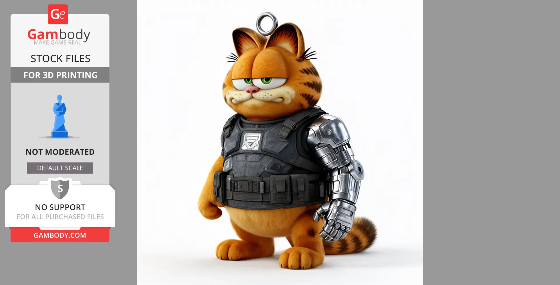 A mashup figurine of a grumpy orange cat with cybernetic arm and tactical armor, featuring a ring for hanging.