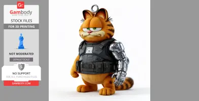 A mashup figurine of a grumpy orange cat with cybernetic arm and tactical armor, featuring a ring for hanging.
