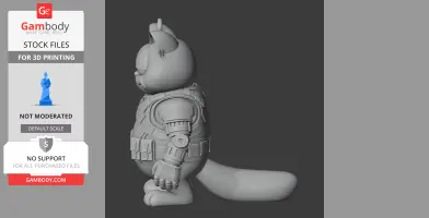 Cartoon cat in armor, standing sideways, with robotic arm and bushy tail, ready for 3D printing.