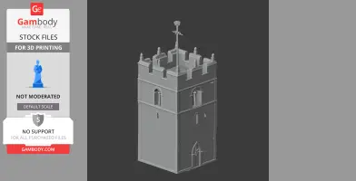 A detailed 3D model of a medieval-style tower with crenellations and arched windows, designed for 3D printing.