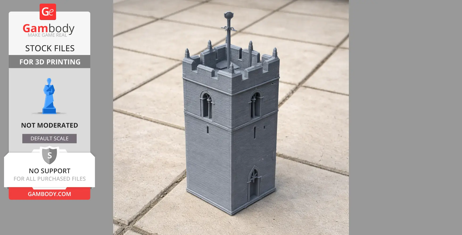 Gray medieval tower model with crenellations and arched windows, designed for 3D printing.
