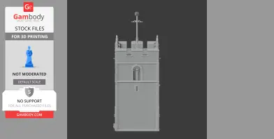 A detailed 3D model of a medieval tower with crenelations and a tall spire on top.