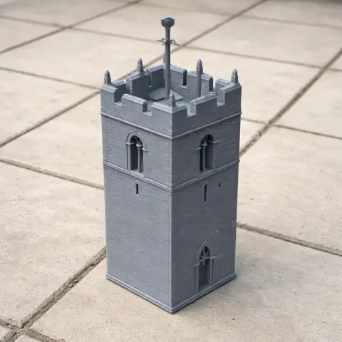 A detailed, gray 3D model of a medieval-style tower with arched windows and crenellations.