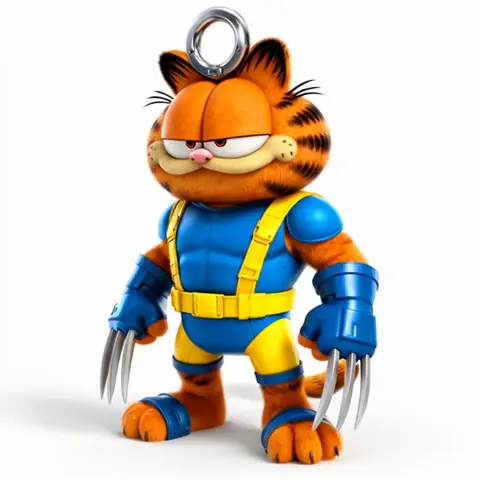 Garfield dressed as Wolverine with clawed gloves and a keyring on his head.