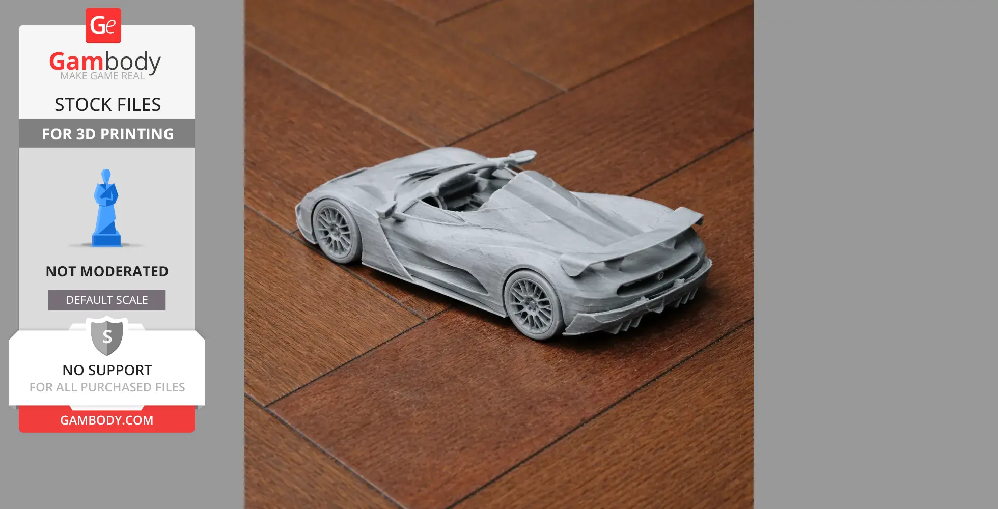 3D printed model of a sleek sports car on a wooden surface.