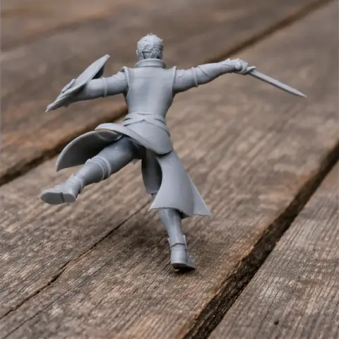 Samurai warrior figure mid-action, holding a sword and shield, on a wooden surface.