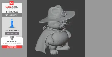 Cartoon cat in a Zorro outfit with a cape and hat, designed for 3D printing.