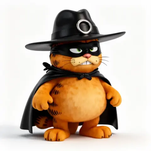 Garfield dressed as Zorro with a mask, cape, and hat, standing confidently.
