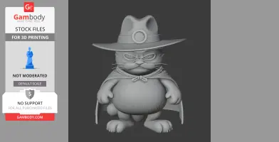 A 3D figure of a cartoon cat wearing a Zorro-style mask, hat, and cape, ready for 3D printing.