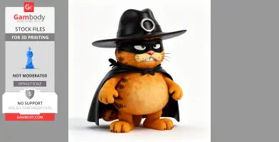 Orange cat in a Zorro outfit with a black hat, mask, and cape, standing confidently.