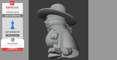 3D model of a cat in Zorro attire with a hat, mask, and cape, in a heroic pose for printing.