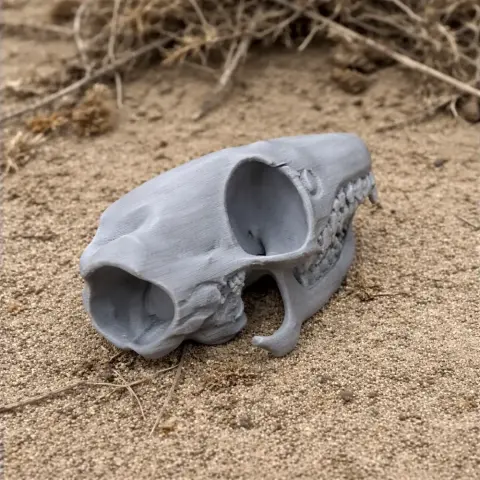 3D-printed elephant shrew skull replica on sandy ground.