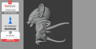 A 3D model of a mouse-alien hybrid figure with detailed armor and a long tail.
