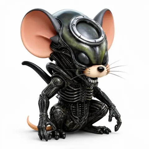 Anthropomorphic mouse with xenomorph features, blending cartoon and sci-fi elements.