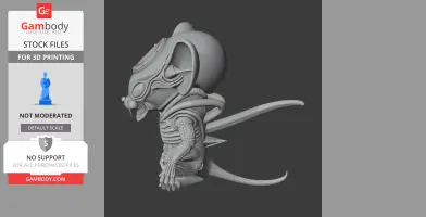 A stylized figure of a mouse-like creature merged with an alien, featuring intricate, biomechanical details.