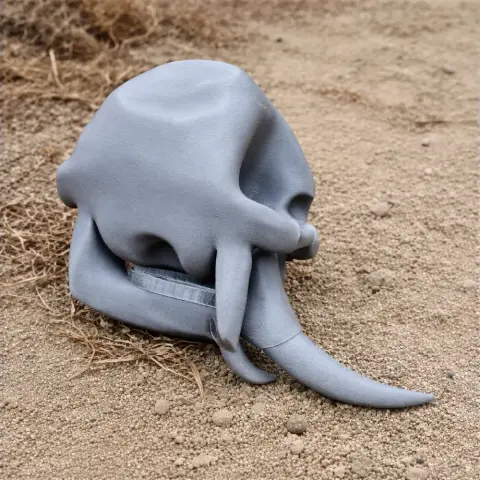 Elephant skull replica placed on sandy ground, featuring tusks and detailed bone structure.