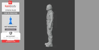 A detailed 3D model of a figure in a spacesuit, viewed from the side, with gear and boots.