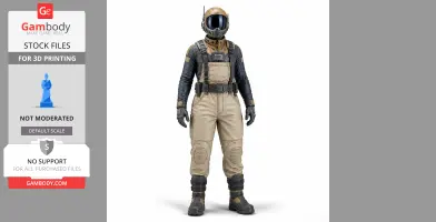 A sci-fi character in a beige and black suit with a helmet, designed for 3D printing.