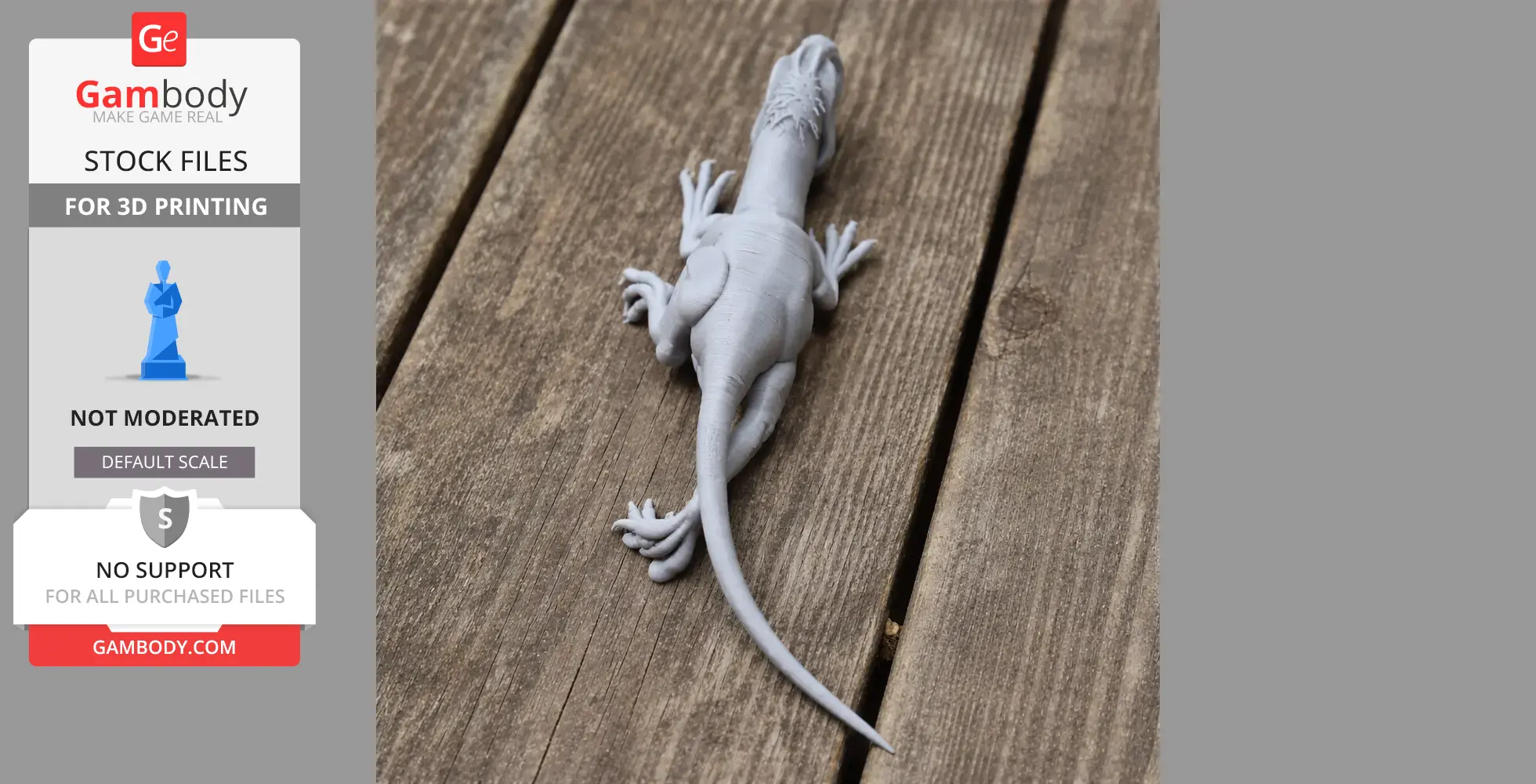 3D printed model of a Santanaraptor, a prehistoric dinosaur, lying on a wooden surface.