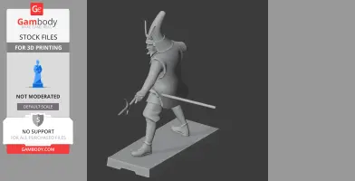 A 3D model of a samurai in armor with a tall helmet, holding a sword, standing on a rectangular base.