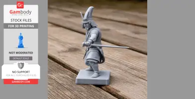 A detailed 3D-printed model of a samurai in traditional armor wielding a sword, standing on a base.