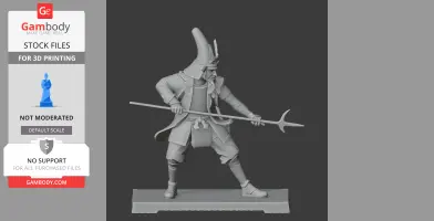 A detailed 3D model of a samurai in armor, wielding a pole weapon, posed dynamically on a base.
