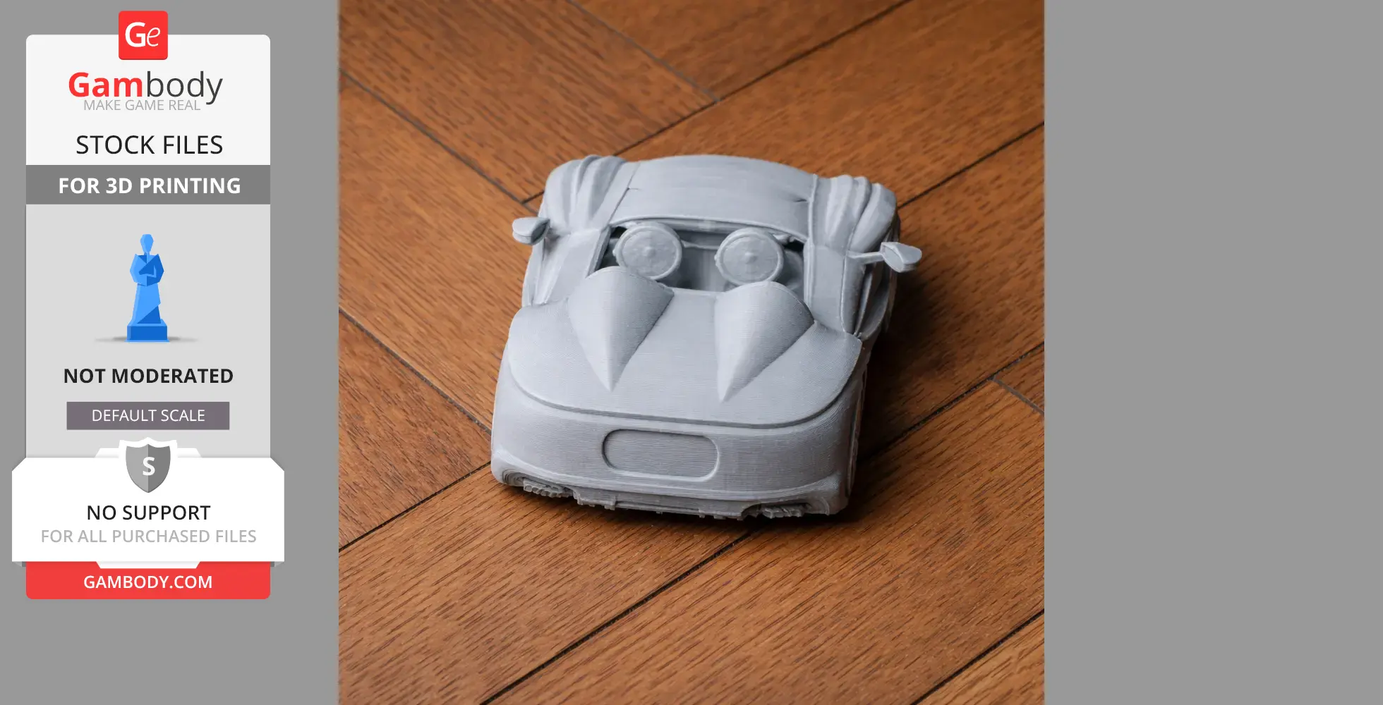 3D printed model of Aston Martin CC100 on a wooden floor.