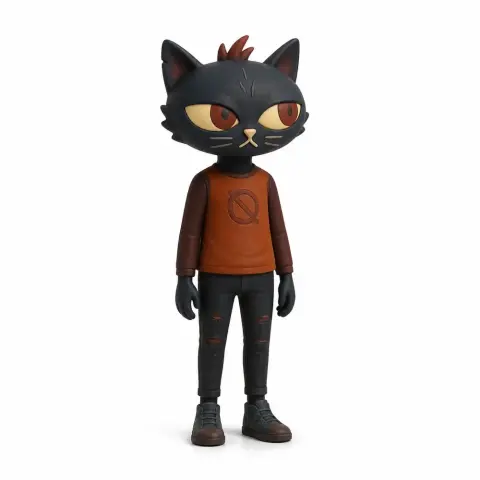 Anthropomorphic cat figure from 'Night in the Woods,' wearing a red shirt and jeans.