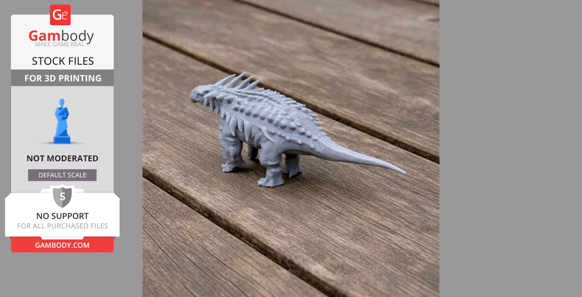 A 3D printed Sauropelta model with spikes and armor-like scales on a wooden surface.