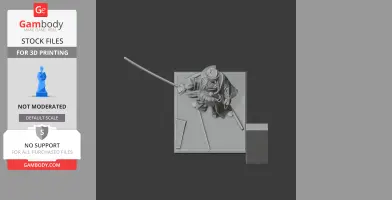 Samurai figure wielding a sword, dressed in traditional armor, standing on a rectangular base for 3D printing.