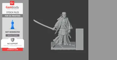 Samurai warrior in traditional attire, holding a katana, standing on a textured base.