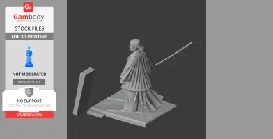 3D model of a samurai with a sword in a flowing robe, standing on a base.